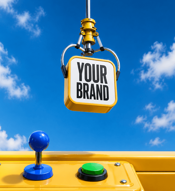 Claw machine holding a block labeled Your Brand against a blue sky