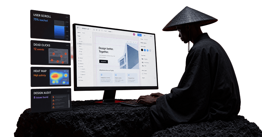 Designer reviewing interface analytics, heatmaps, and audit findings