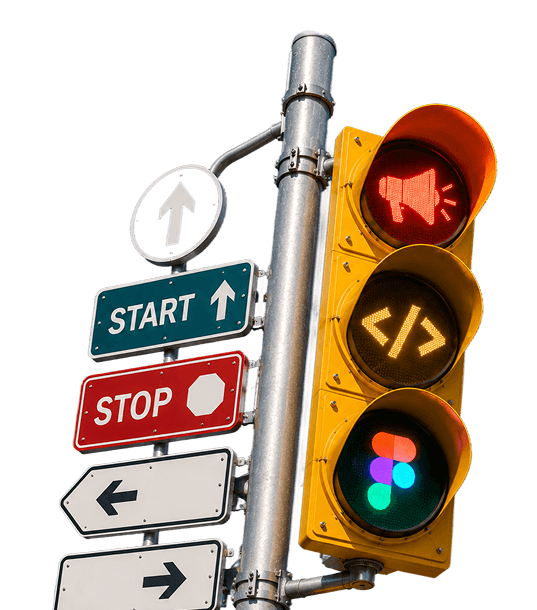 Street signs and a traffic light with start, stop, and marketing, development, and design signals