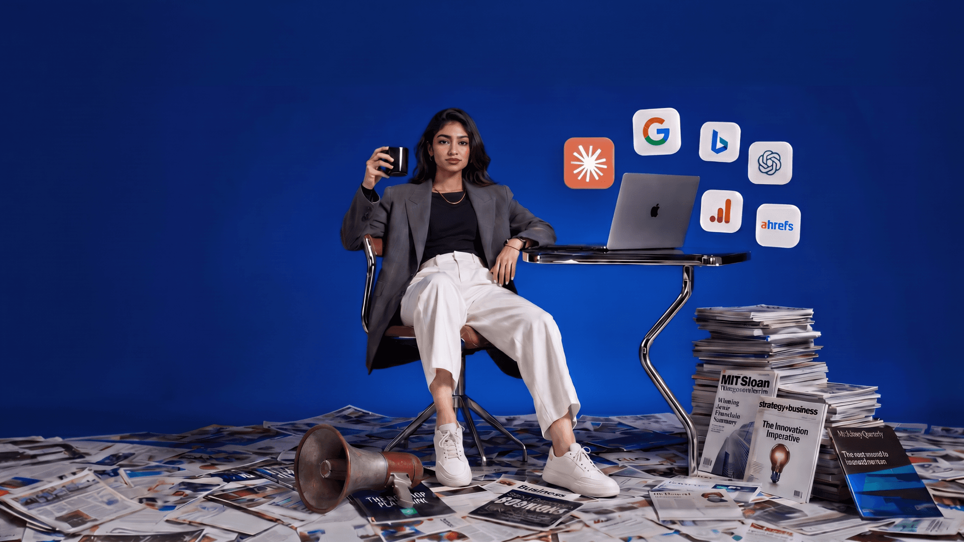SEO services — professional at desk with search and AI platform icons